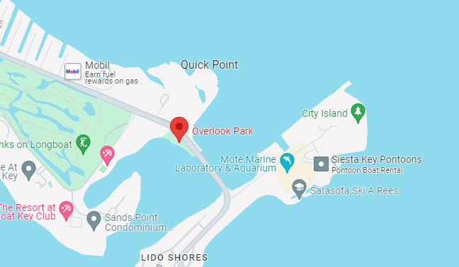 Map showing Overlook Park on Longboat Key, just across the bridge from City Island and Mote Marine Laboratory